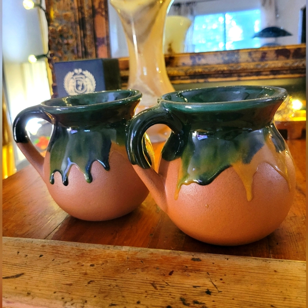 Terra Cotta And Green Mexican Pottery Reverse Glaze Mug Handmade Cup Syrup Drip